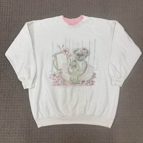Vintage Pullover Sweatshirt Medium Lightweight Fleece Teddy Bear Kitten Coquette - Picture 1 of 13